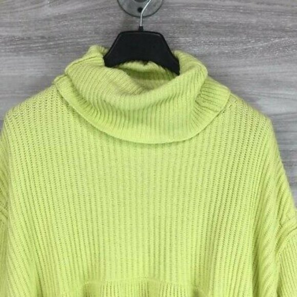 FREE PEOPLE | Neon Lime Green Cowl Neck Ruffle Hem Layer Cake Boho Knit Sweater - Picture 5 of 9